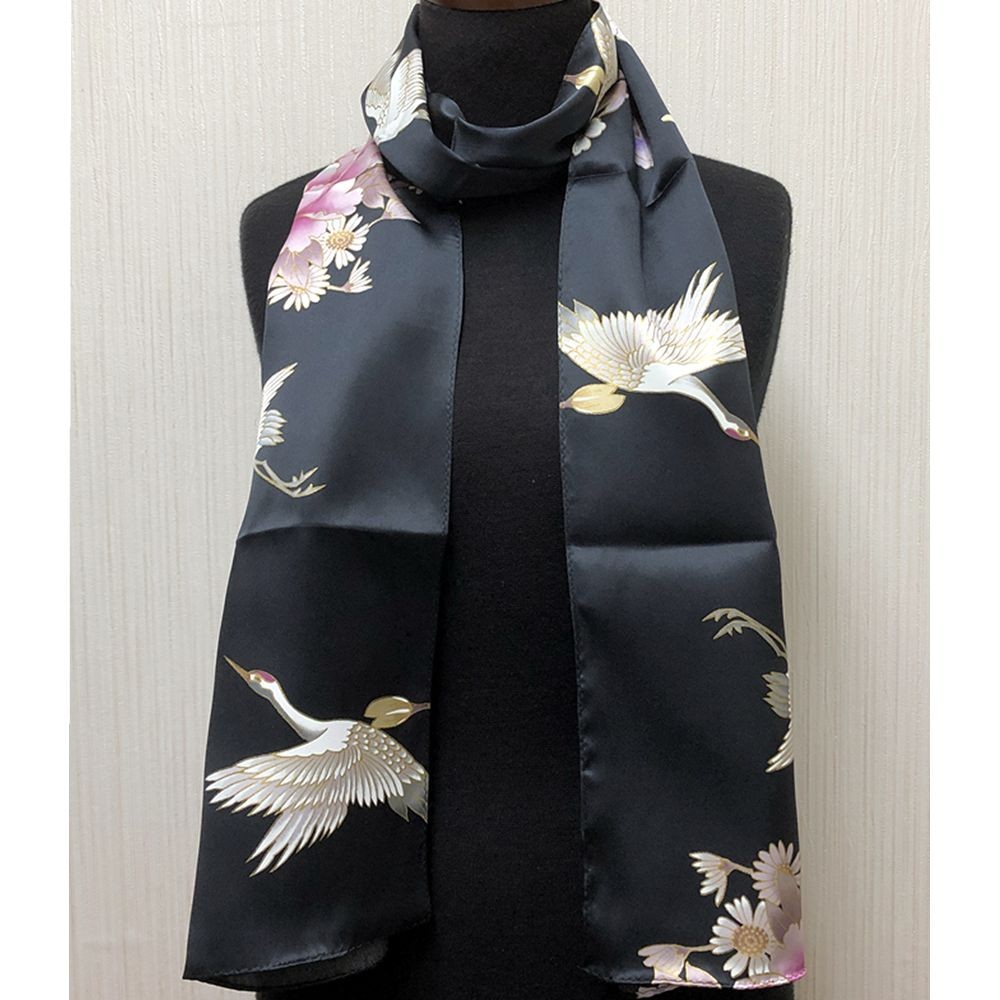 和風シルクストール(ロングスカーフ)鶴 黒 日本製 絹製品 シルク100