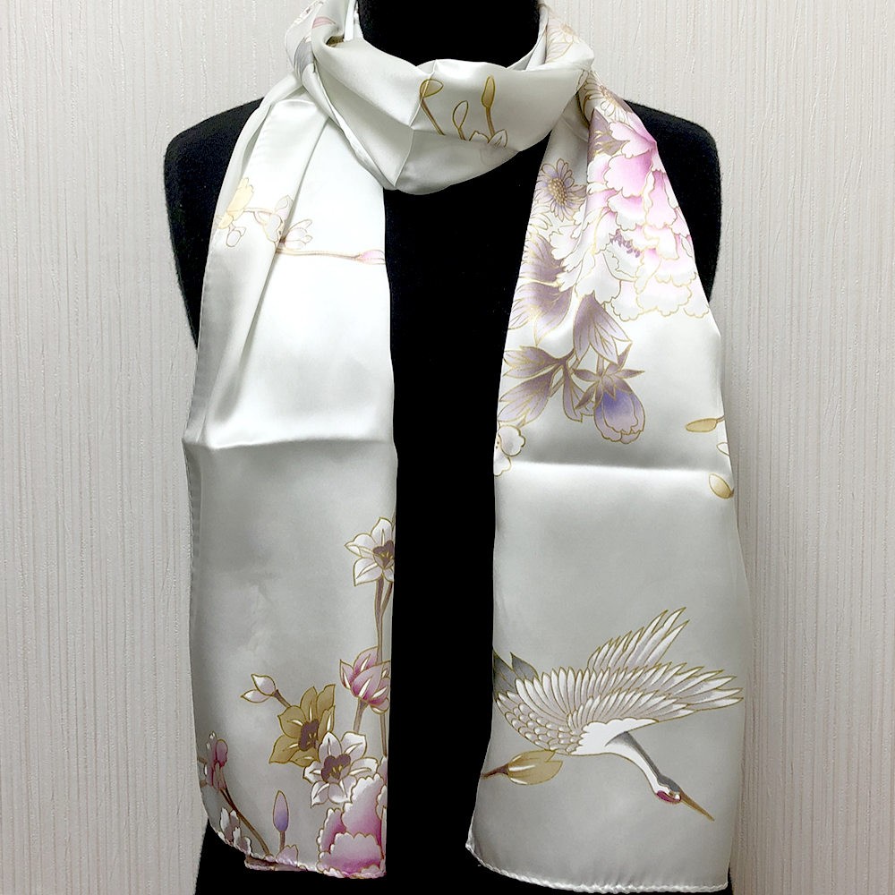 和風シルクストール(ロングスカーフ）鶴 白 日本製 絹製品 シルク100 