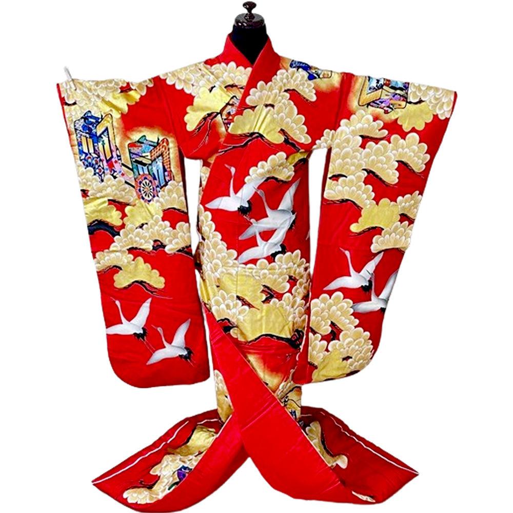 打掛 婚礼衣装 花嫁衣裳 色打掛 松に御所車と鶴 友禅作家 秋山 正絹 鶴 