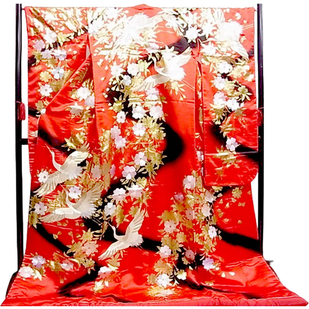 打掛 婚礼衣装 花嫁衣裳 色打掛 桜と幸福鶴 金彩 佐賀錦 豪華