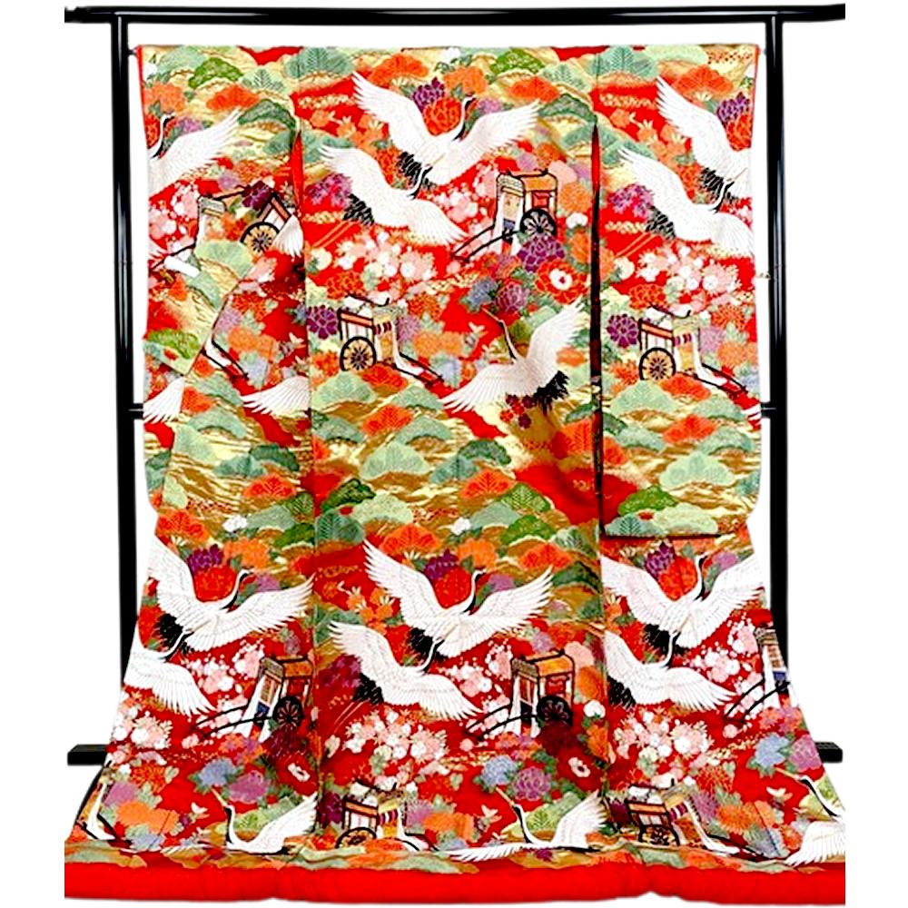 色打掛 鶴 松 菊 豪華刺繍 舞台衣装 打掛 婚礼衣装 花嫁衣裳 色打掛 楽園の鶴 松花御所車 正絹 刺繍 鶴