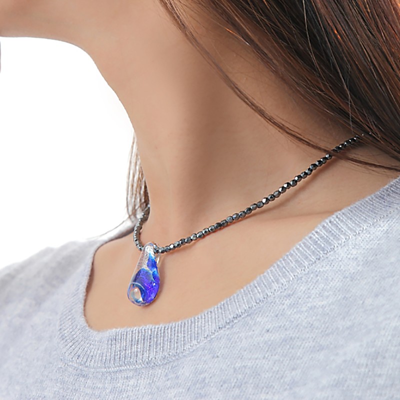 ガラスのジュエリー 水玉インジゴドロップS ネックレス 手作り