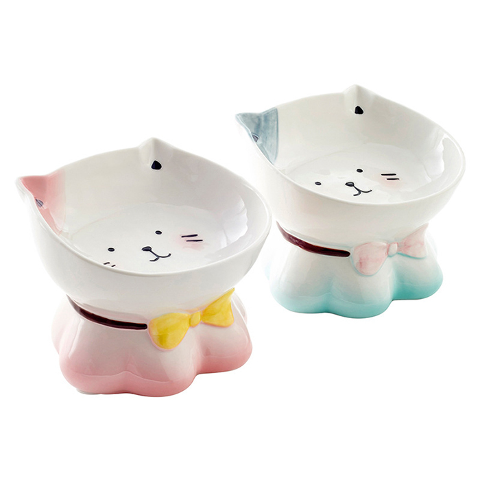 緑色の陶器製小型食器（スタンド付き） フードボウル エサ皿 陶器製 猫形 子猫 子犬 ミントグリーン/ピンク