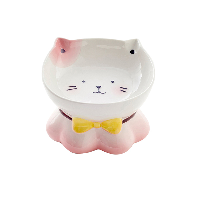 フードボウル エサ皿 陶器製 猫形 子猫 子犬 ミントグリーン/ピンク