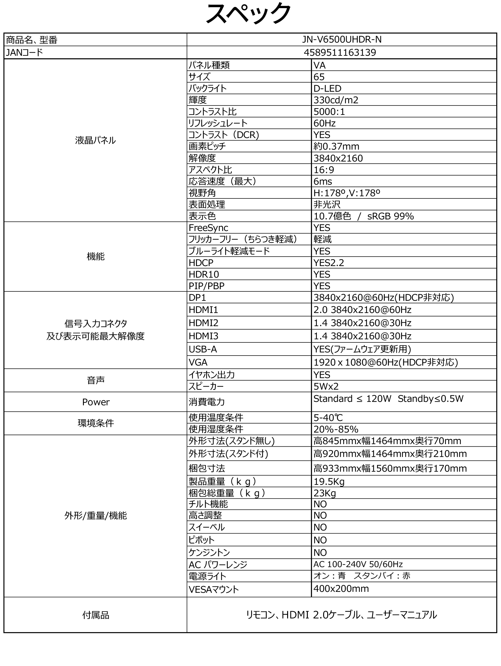 JAPANNEXT 65インチ 大型4Kモニター JN-V6500UHDR-N 非光沢モデル HDMI