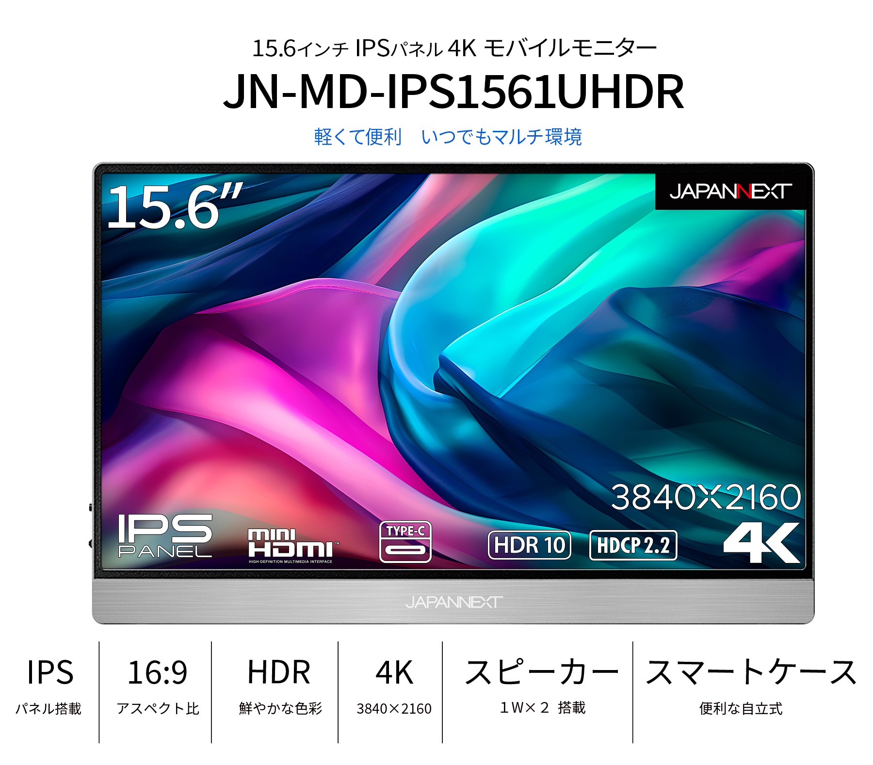 JAPANNEXT 15.6インチIPSパネル 4K(3840x2160)解像度 モバイルモニター 