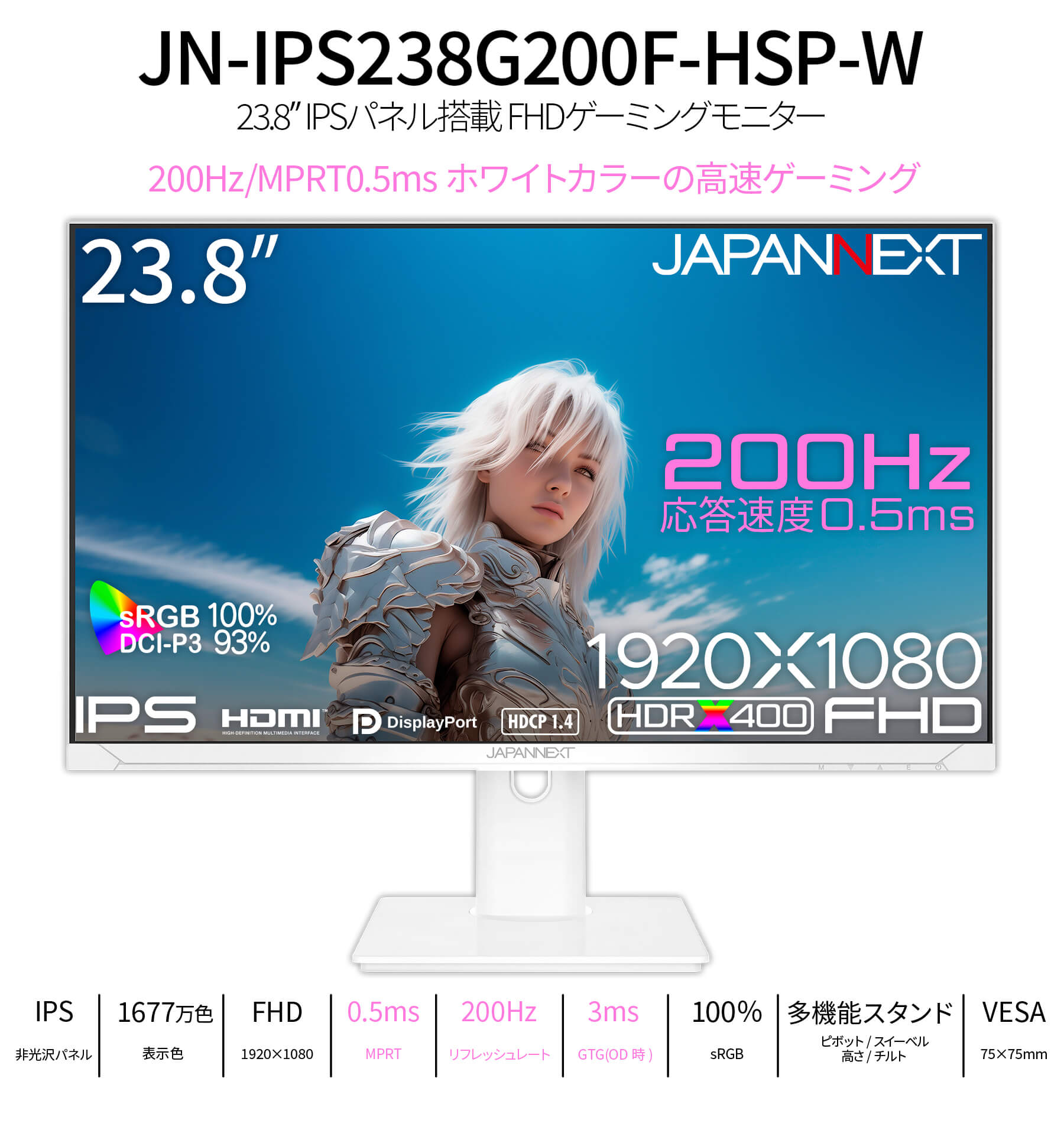 JAPANNEXT 23.8インチ IPSパネル搭載 フルHD(1920x1080)解像度