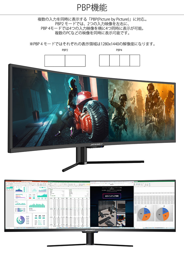 JAPANNEXT 曲面 液晶モニター 49インチ VAパネル WQHD ウルトラワイド 120Hz PC ゲーム HDMI DP USB PBP  ノングレア 高画質 JN-VC490DWQHDR ジャパンネクスト : 4589511174906 : JAPANNEXTオンラインストア - 通販  - Yahoo!ショッピング