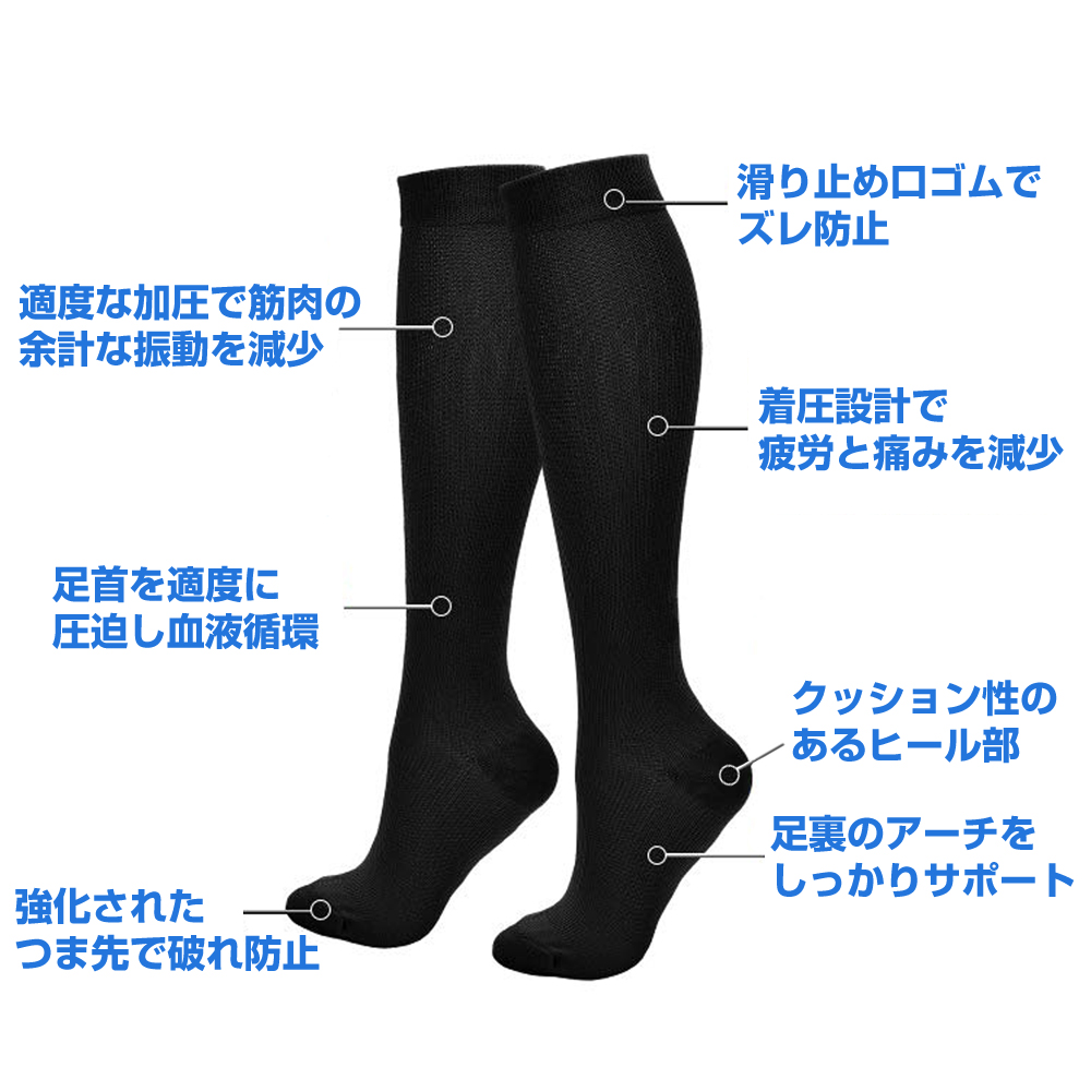 弾性ストッキング 着圧ソックス 黒 3足セット 着圧式 解放 ソックス むくみ 頻尿 美脚 夏用 夜用 昼用 医療用 男性 女性 メンズ レディース ブラック JM-093 関連画像3