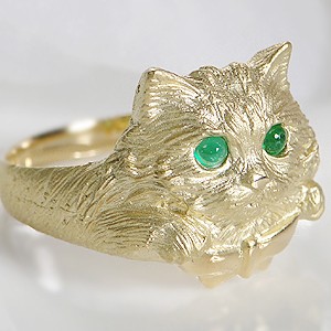 18金 リング 猫の指輪 エメラルド 動物モチーフ ゴールド ネコ CAR