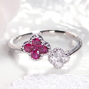 ルビーの指輪 天然石 プラチナ リング ダイヤモンド フラワーモチーフ