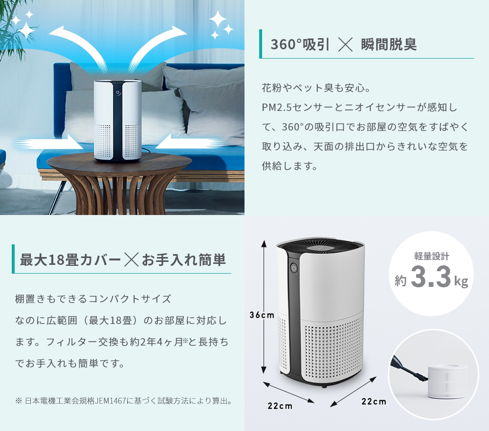 コンパクト&パワフル清浄、お部屋の空気を360度まるごとキレイに！duux