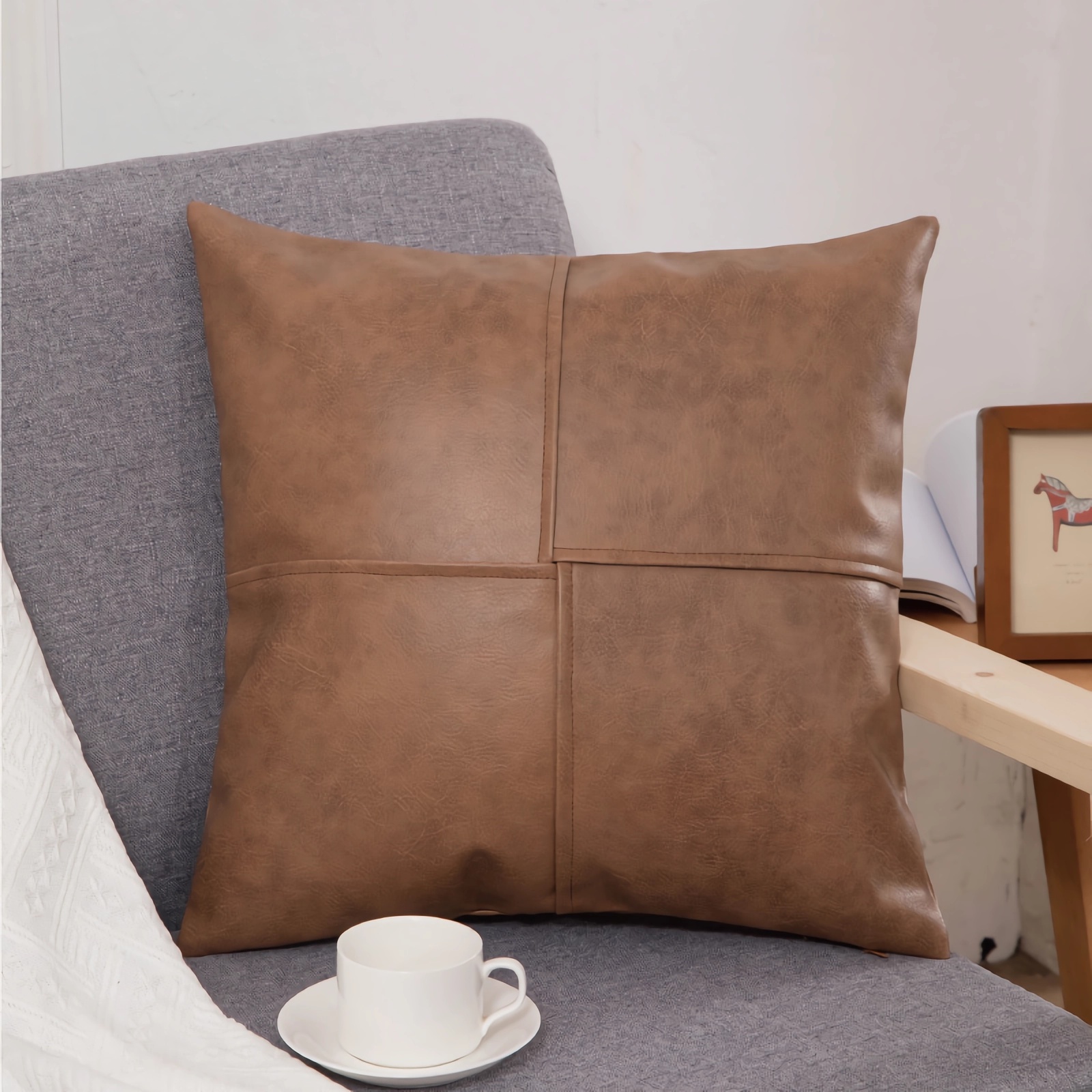 クッションカバー クッション 合皮 レザー 45×45cm ブラウン レッド