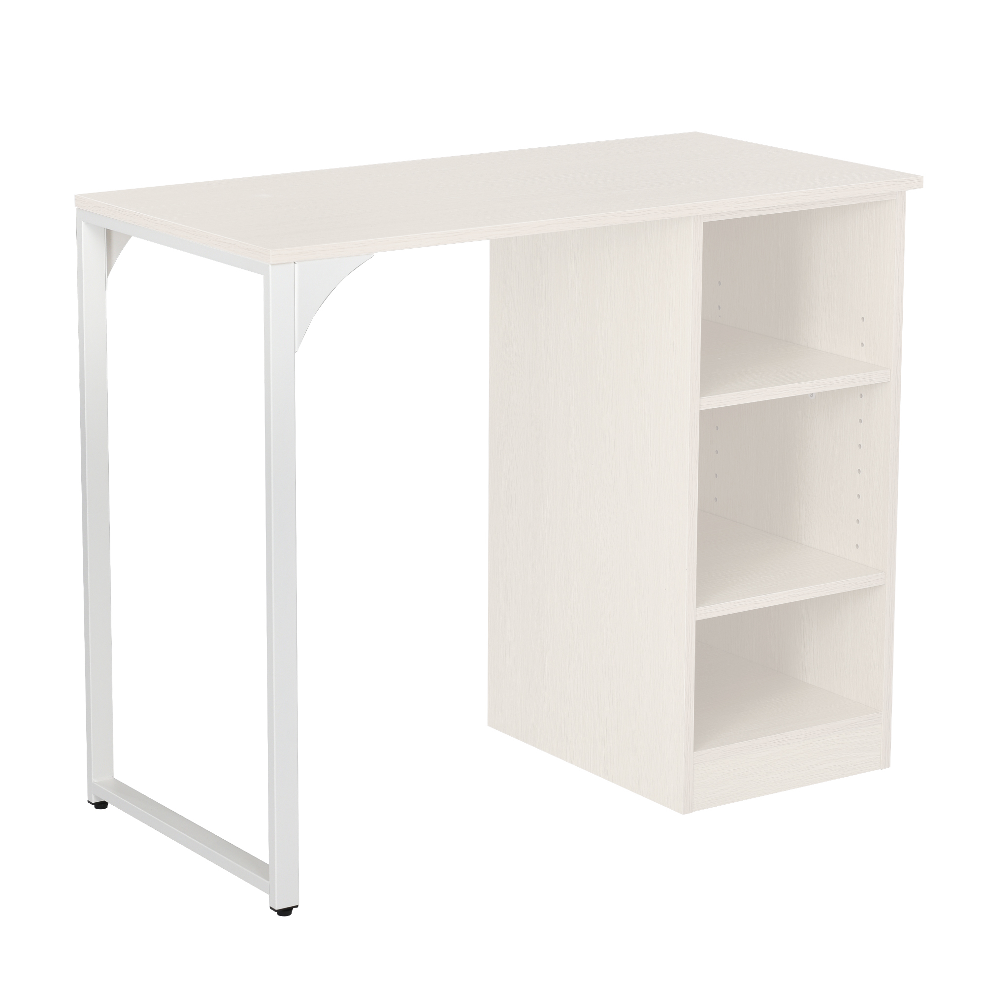 【ホワイト】パソコンデスク 3段シェルフ付 オフィスデスクアジャスター付き ホワイト パソコンデスク 木製 3段シェルフ付き 省スペースデスク