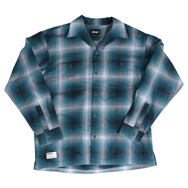 SCHOTT オンブレ　オープンカラーシャツ【M】赤　黒　シャドーチェック　長袖 OMBRE CHECK LS SHIRT/ オンブレチェック ロングスリーブシャツ