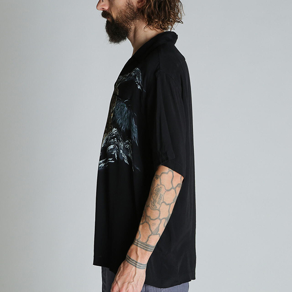 2XL✨SCHOTT オープンカラーシャツ グラフィック 総柄 レーヨン 黒 Schott N.Y.C（ショット） Schott メンズ 半袖 シャツ オープンカラー