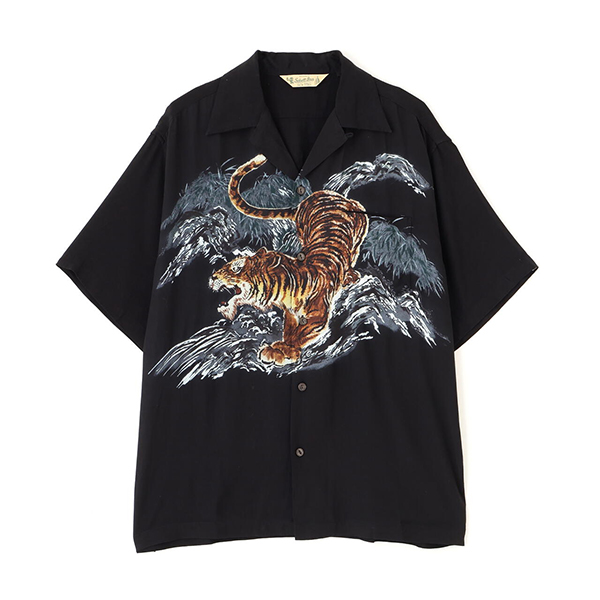 2XL✨SCHOTT オープンカラーシャツ グラフィック 総柄 レーヨン 黒 Schott N.Y.C（ショット） Schott メンズ 半袖 シャツ オープンカラー