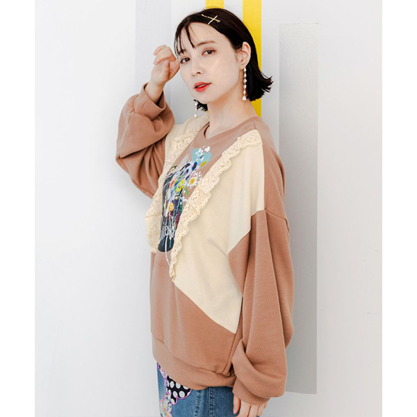 ScoLar（スカラー） レディース 長袖 花 蝶 レース 裏毛 プルオーバー