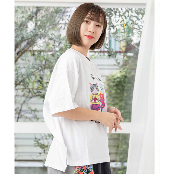 Scolar スカラー レディース トップス Tシャツ 半袖 五分袖 バンドT風 レース叩き付け 甘辛ミックス イラスト スカラーちゃん ネコ 152625 スカラー ScoLar オレンジスカラーちゃん 柄レース袖Tシャツ