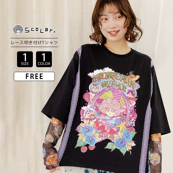 Scolar スカラー レディース トップス Tシャツ 半袖 五分袖 バンドT風 レース叩き付け 甘辛ミックス イラスト スカラーちゃん ネコ 152625