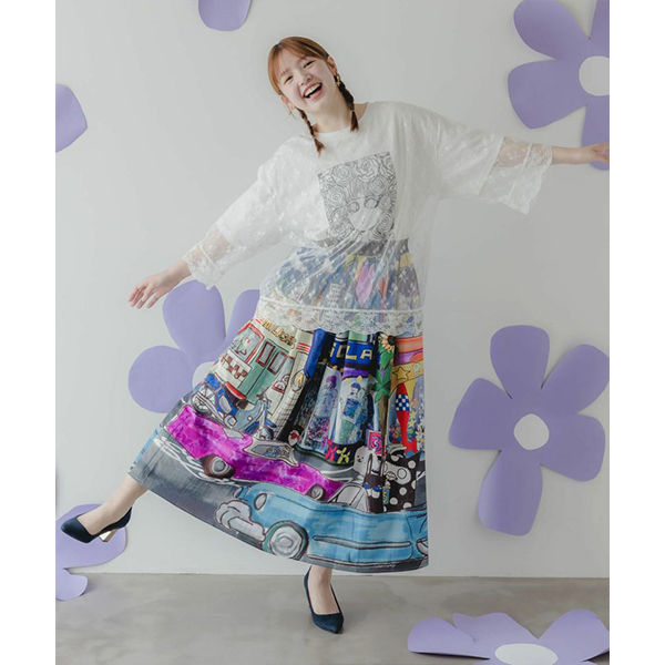 Scolar スカラー レディース トップス 半袖 Tシャツ 薄手 オレンジスカラーちゃん柄 袖レース ガーリー カジュアル 手描き風 ポップ イエロー 152668 ScoLar Scolar スカラー レディース トップス 半袖 Tシャツ 薄手