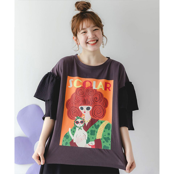 ScoLar スカラー レディース トップス Tシャツ ネコと女の子 アート柄 ボリューム袖 半袖 クルー チャコール レトロかわいい カジュアル 派手カワ 152751 ScoLar スカラー レディース トップス Tシャツ ネコと女の子