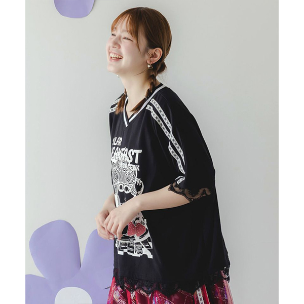 ScoLar スカラー レディース トップス　 半袖 Tシャツ レース スポーツミックス 甘辛ミックス スカラーちゃん プリント 朝食柄 Vネック カジュアル 152753 ScoLar スカラー レディース トップス 半袖 Tシャツ レース