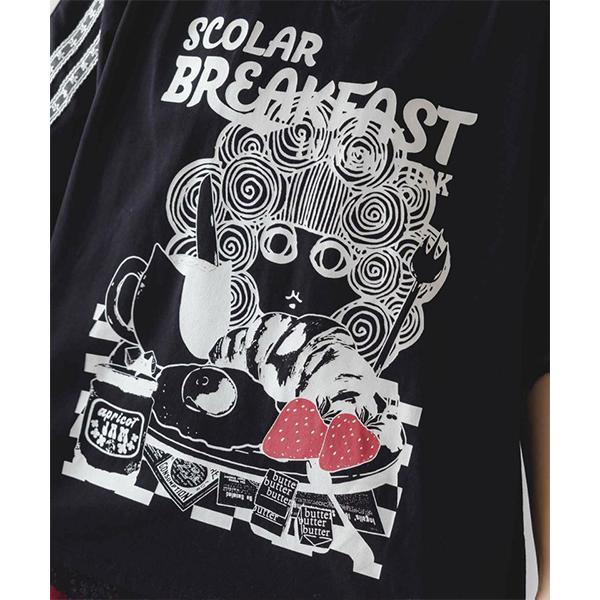 Scolar スカラー レディース トップス Tシャツ 半袖 五分袖 バンドT風 レース叩き付け 甘辛ミックス イラスト スカラーちゃん ネコ 152625 スカラー ScoLar オレンジスカラーちゃん 柄レース袖Tシャツ