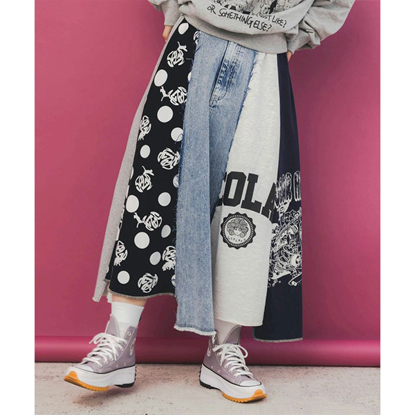 古着リメイク 手書きメッセージアイボリーロングスカート ScoLar スカラー ボトムス ロング丈 デニムスカート リメイク風 異素材