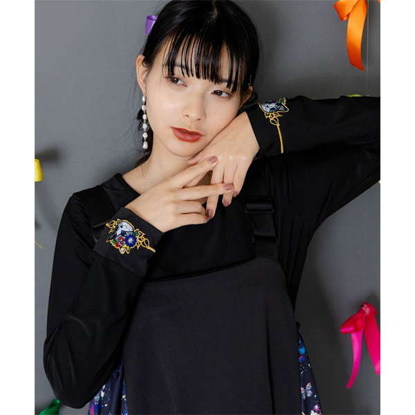 Drawer バイカラー クールネック　サイドスリット刺繍Tシャツ ScoLar（スカラー） レディース トップス 長袖Tシャツ 無地インナー 袖