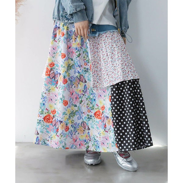 scolar スカラーパッチワーク猫柄フレアロングスカート スカラー ScoLar 花柄ネコパッチワーク風スカート （ブルー