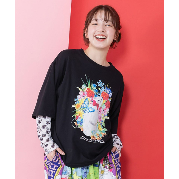 チュールカラーロングTシャツ ScoLar（スカラー） レディース トップス Tシャツ 長袖 花 ねこ 花柄