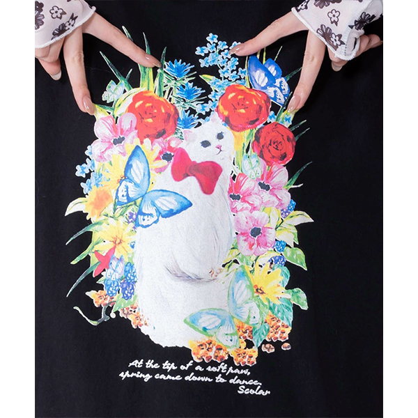 ScoLar（スカラー） レディース トップス Tシャツ 長袖 花 ねこ 花柄