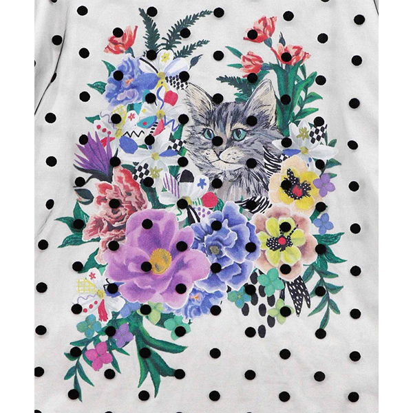 ScoLar（スカラー） レディース 半袖 ドットチュール 重ね 花 猫 ネコ