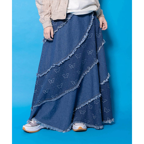 大人気❤ ScoLar スカラー リメイク風 異素材切替フレアスカート　デニム スカラーリメイク風 異素材切替デニムスカート[品番：SRSW0000368