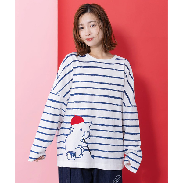 パリティ341103よくばりネコとラビル刺繍レトロボーダーロングスリーブTシャツ スカラー ScoLar よくばりネコとラビル刺繍 レトロボーダーロング