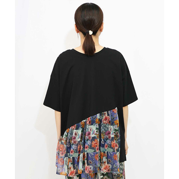 iS ScoLar イズスカラー レディース トップス 花瓶柄 シフォン 切替プルオーバー 半袖 カットソー フェミニン 絵画風 大人カジュアル ドレープ感 552267 iS ScoLar トップス is イズ スカラー 552267 花瓶柄シフォン