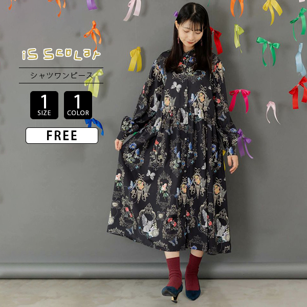 ☆新品タグ付 イズスカラー　553282：ヴィンテージ風額縁柄シャツワンピース ScoLar（スカラー） iS ScoLar イズスカラー レディース ワンピース