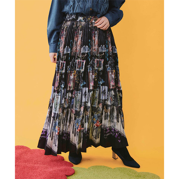 イズスカラー 蝶×ピアノ コラージュ柄プリーツスカート ScoLar（スカラー） iS ScoLar イズスカラー レディース ロング