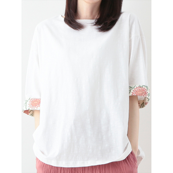 レディース 婦人服 トップス Tシャツ 半袖 artipur ブロックプリント コットンスラブ ゆったりサイズ 二の腕カバー 24S077 レディース 婦人服 トップス Tシャツ 半袖 artipur ブロック