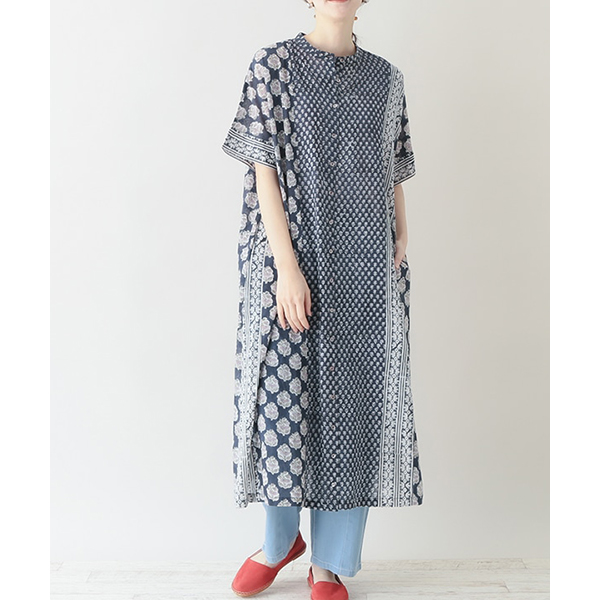 東京かんかん レディース トップス 春夏 半袖 IROIRO ブロックプリント コットン 2WAYブラウス ハンドプリント 花柄 ボタニカル 綿100％ 25S080 綿ボイルiro-iroブロックプリントブラウス｜KANKAN ONLINE SHOP