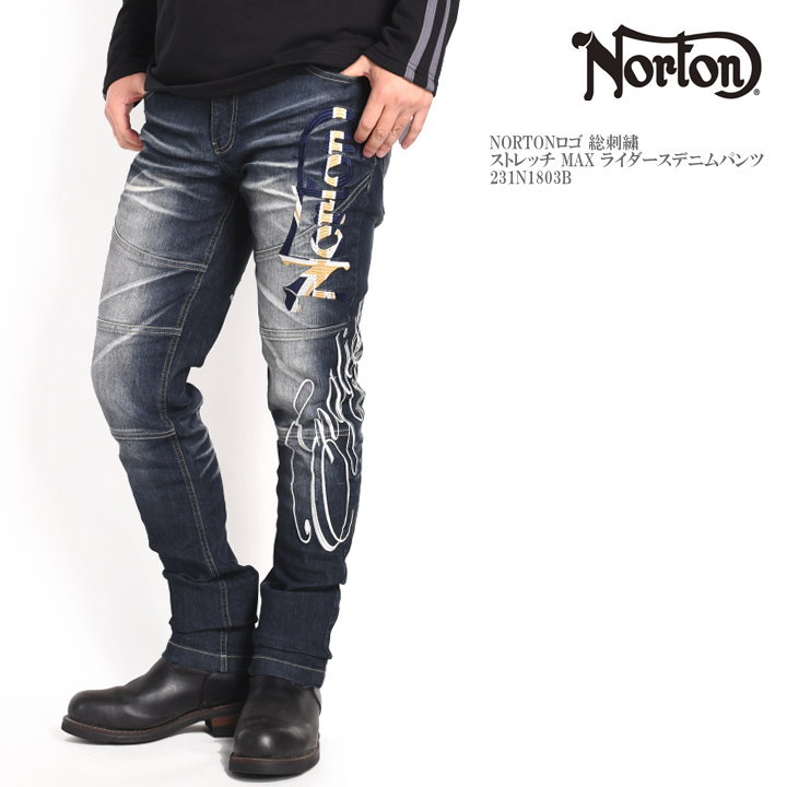 【再入荷】ノートン NORTON ジーンズ NORTONロゴ 総刺繍 ストレッチ MAX ライダースデニムパンツ 231N1803B-077INDIGO