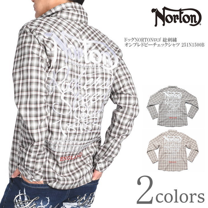 ノートン（NORTON） 長袖シャツ ドッグNORTONロゴ 総刺繍 オンブレ