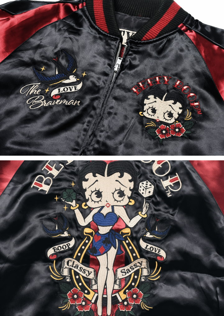 新品　BETTY BOOP ベティブープ 総柄ブルゾン ジャケット M 日本製 BETTY BOOP（ベティ ブープ） ブレイブマン × コラボ スカジャン