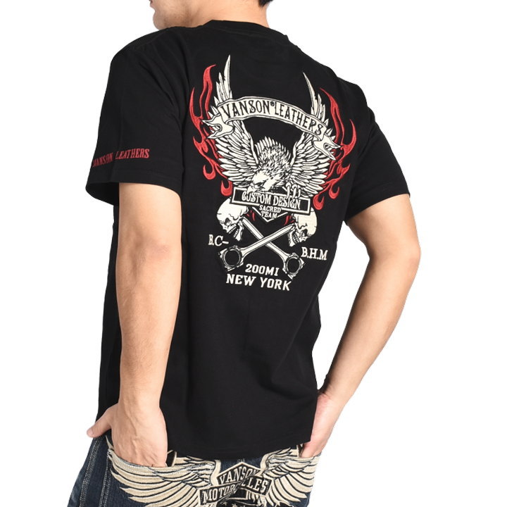 VANSONアメリカンイーグルエンブレムファイヤーロゴ刺繍ヒッコリーストライプ VANSON（バンソン） 【2026春夏新作】バンソン VANSON Tシャツ 復刻