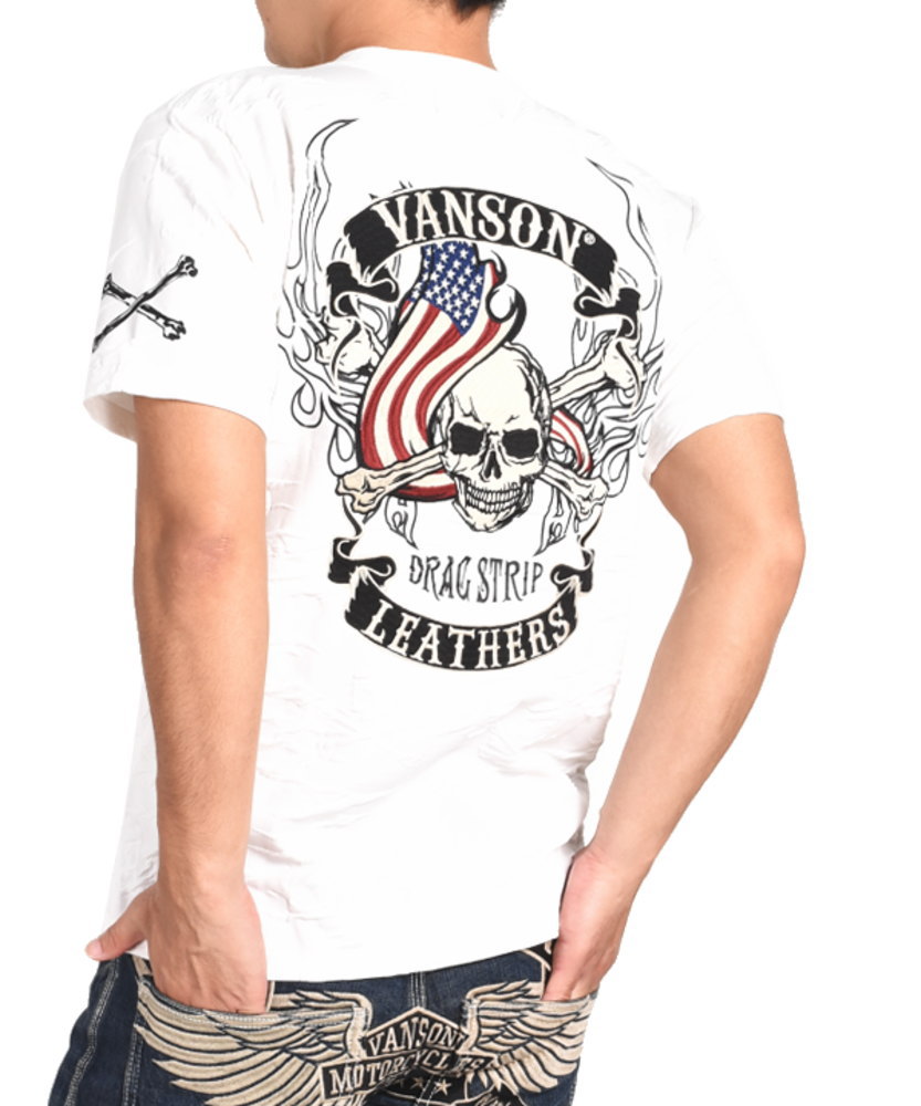バンソン VANSON Tシャツ フライングファイアースカル 刺繍プリント 吸汗速乾 抗菌防臭 UV...