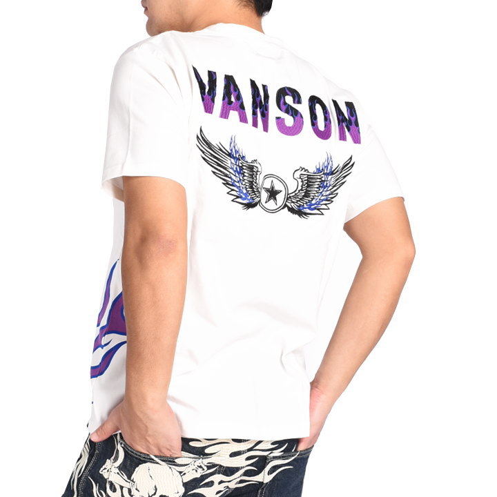 【2024春夏新作】バンソン VANSON Tシャツ フライングスター＆ファイヤーパターン 刺繍プリ...