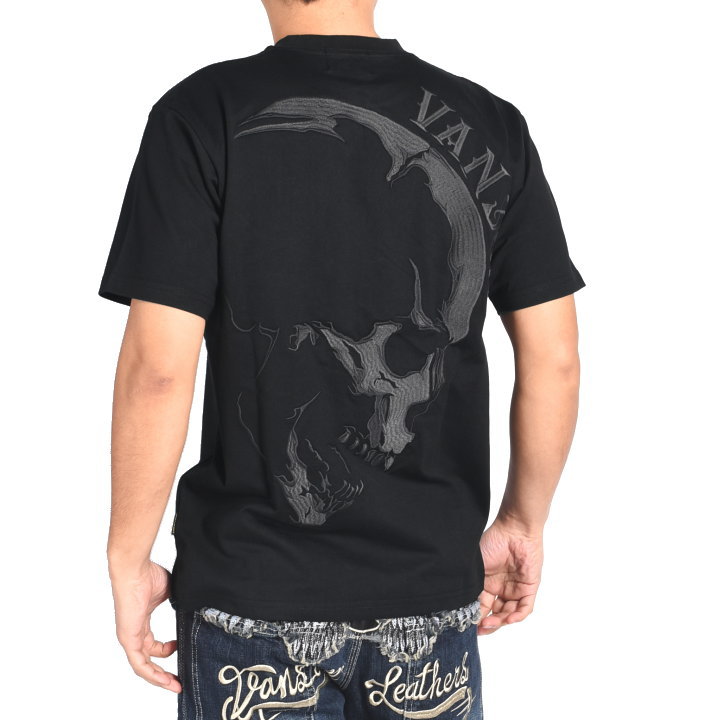 Vanson 半袖シャツ XL ネイビー スカル刺繍　値下げ可 VANSON 【2025春夏新作】バンソン Tシャツ スカルフェイス 総