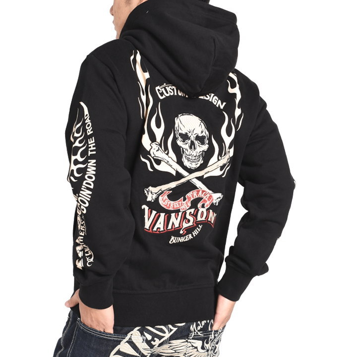 バンソン VANSON パーカー フライングファイアースカル 刺繍プリント ストール付き 裏毛スウェット ZIPパーカー NVSZ-2209(12012円)