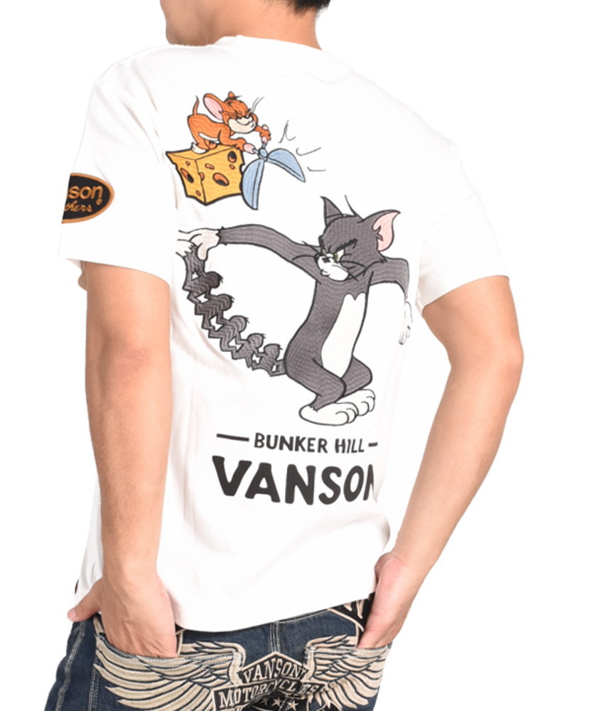 バンソン VANSON × TOM AND JERRY トムとジェリー コラボ Tシャツ トム＆ジェリー しっぽアート 刺繍プリント ベア天竺 半袖Tシャツ TJV-2219｜jeans1｜03